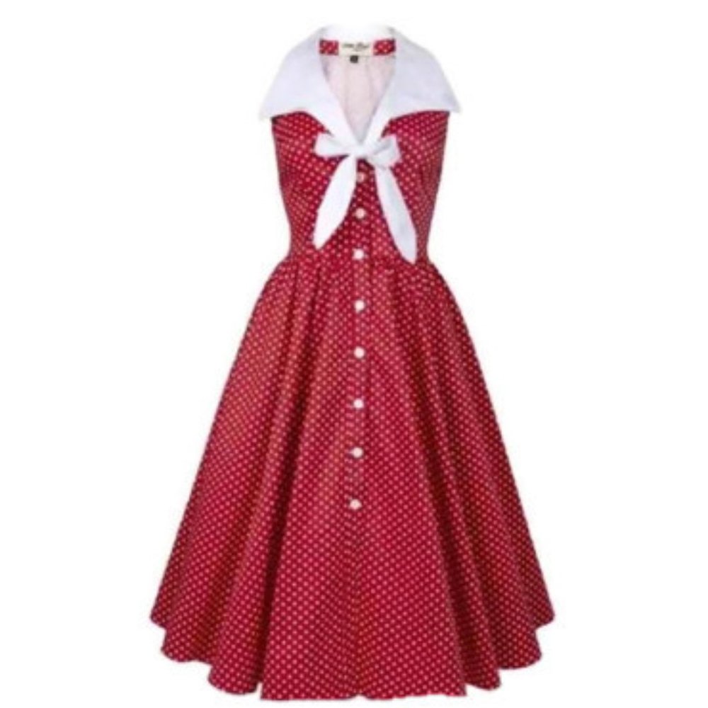 Tatyana Red Polka Dot Midi Dress with White Collar